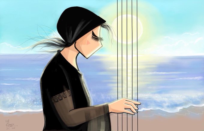 Painting of a women in black, wearing a headscarf, plucking the strings of a musical instrument. Sunshine, sea and beach are in the background.