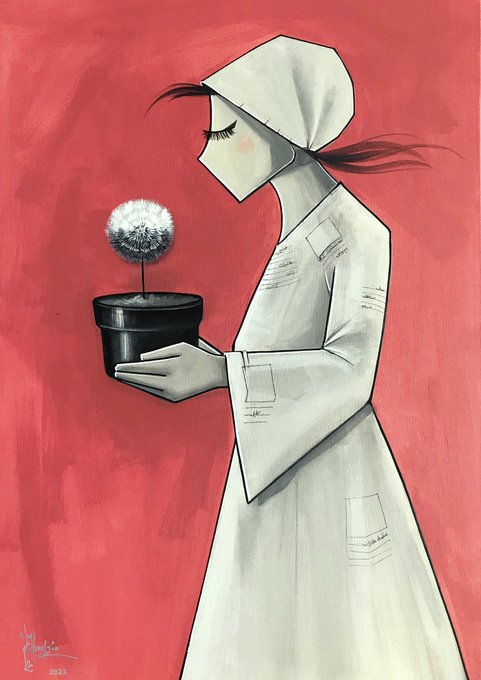 Sketch of a woman in a headscarf holding a plant pot with a dandelion seed head in it. The woman wears a blank newspaper against a red background.