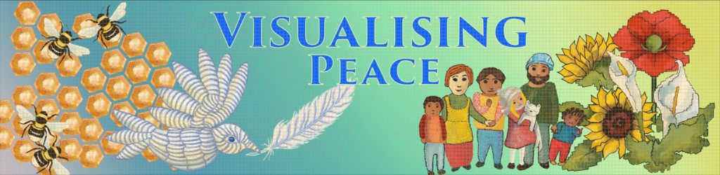 Banner representing different aspects of peace, from left to right: bees and honeycomb; a white dove with a feather in its beak; a group of adults and children; sunflowers, peace lilies and a poppy.