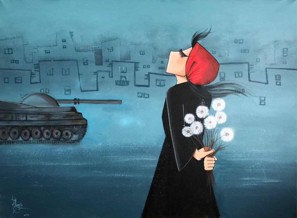 A woman in black, wearing a red head scarf, holds dandelion seed heads behind her back and looks defiantly at a tank.
