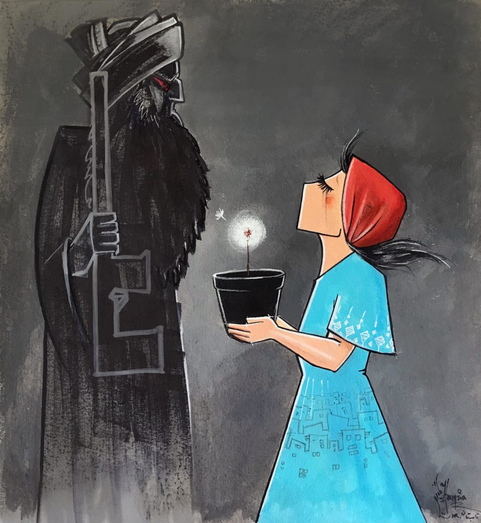 Painting of a woman in a blue dress and red headscarf holding up a pot with a dandelion seed head. She is blowing a seed towards the dark-coloured figure of a Taliban fighter with red eyes and a gun.