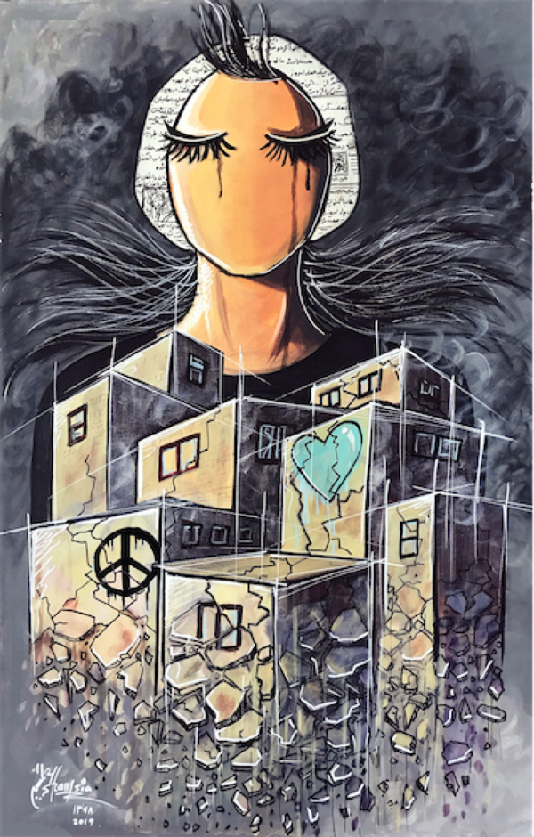 Painting of a women wearing a white headscarf, but with her hair flowing out of it, and tears flowing down her face. In front of her are buildings broken by war, and the image of a cracked heart and a peace symbol.