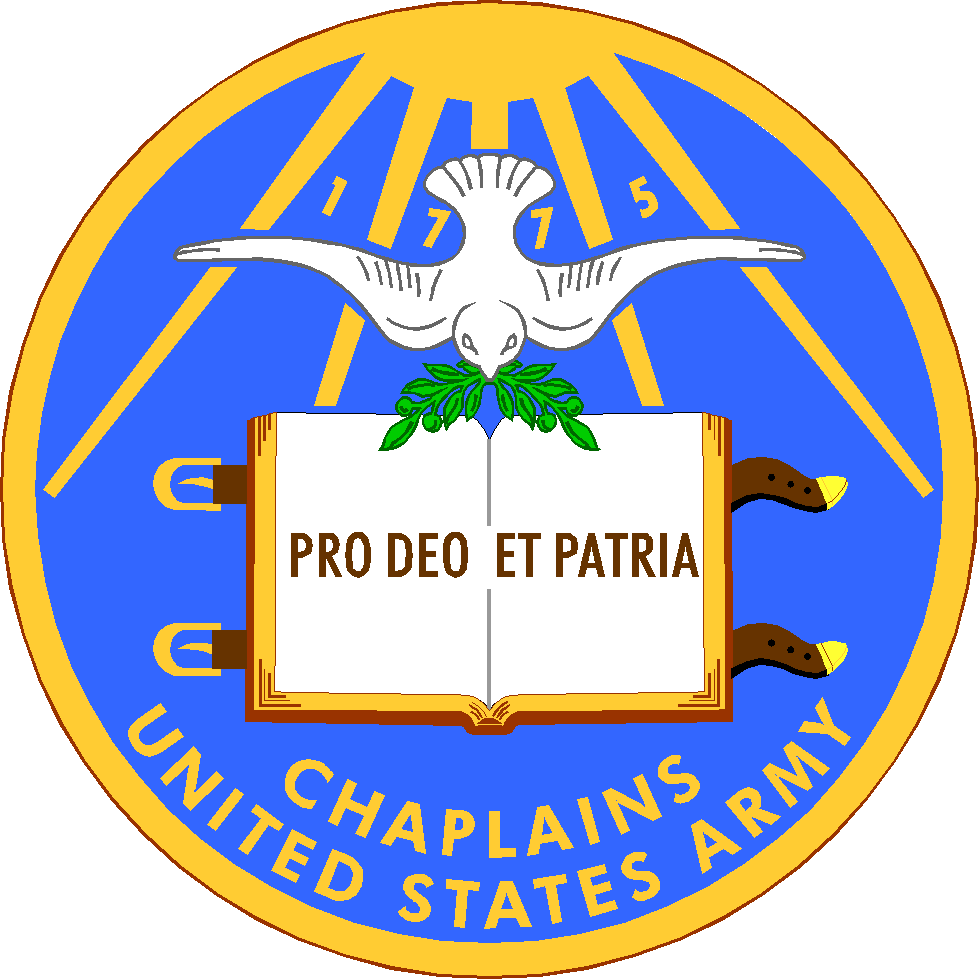 US Army Chaplain Corps logo, featuring a white dove holding a book which says 'Pro Deo et Patria' ('for God and for the Nation').