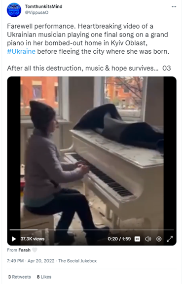 Tweet from @VippusaO with the caption "Farewell performance. Heartbreaking video of a Ukrainian musician playing one final song on a grand piano in her bombed-out home in Kyiv Oblast, #Ukraine before fleeing the city where she was born. After all this destruction, music & hope survives... O3". Attached is a video of a woman playing a white piano.