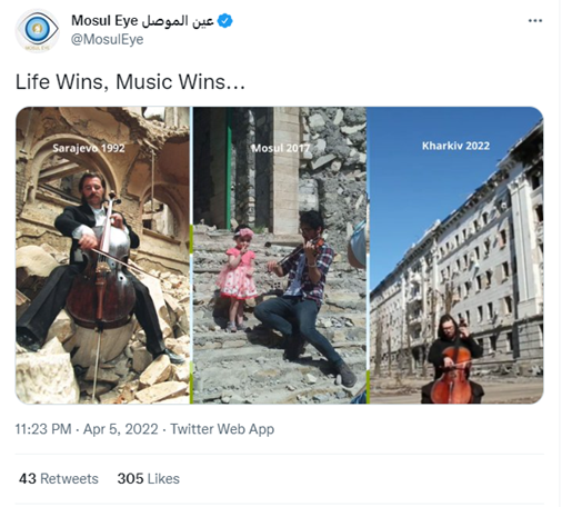 Tweet from @MosulEye with the caption "Life Wins, Music Wins...". Attached are three photos of people playing instruments in front of destroyed buildings in Sarajevo 1992, Mosul 2017, and Kharkiv 2022