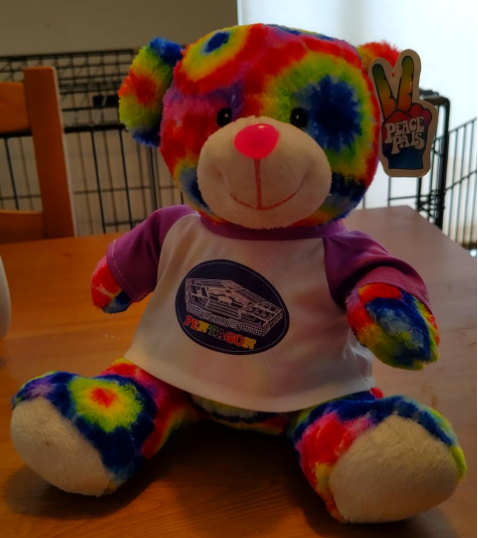 A rainbow tie-dyed stuffed bear wears a purple and white shirt with an image of the Pentagon on it. It has a tag in its ear with the words Peace Pals.